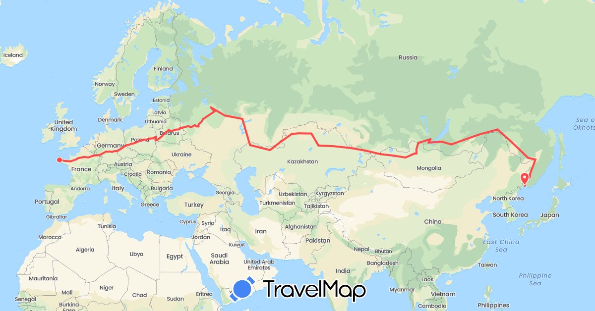 TravelMap itinerary: driving, hiking in Belarus, Czech Republic, Germany, France, Kazakhstan, Mongolia, Russia (Asia, Europe)